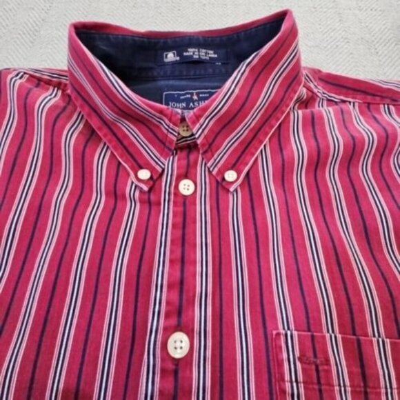John Ashford Men's Dress Shirt Medium Red Blue Button-Down Striped Long Sleeve - Picture 6 of 13